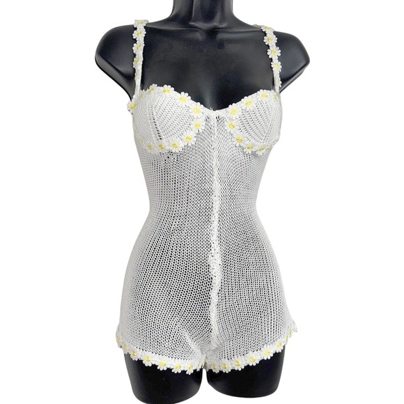 Molliwater Other - New S Daisy Romper Crochet Knit Bodysuit White Vintage Festival Outfit Retro